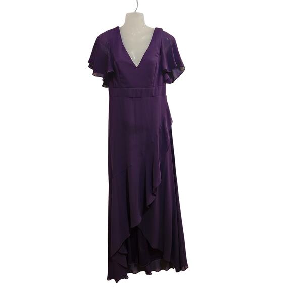Ever Pretty Purple High Low Elegant Lotus Sleeves Chiffon Bridesmaid Dress Large - Picture 2 of 7